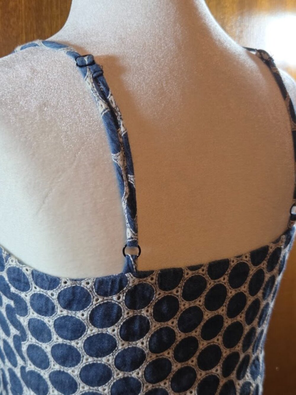 Waverly Grey Blue Cotton Eyelet Asymmetrical Button Midi Dress - Size XS - Picture 3 of 8